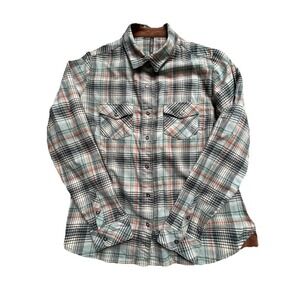 KUHL Tess Corduroy Trim Medium Flannel Shirt Womens Small Snap Front Green Plaid